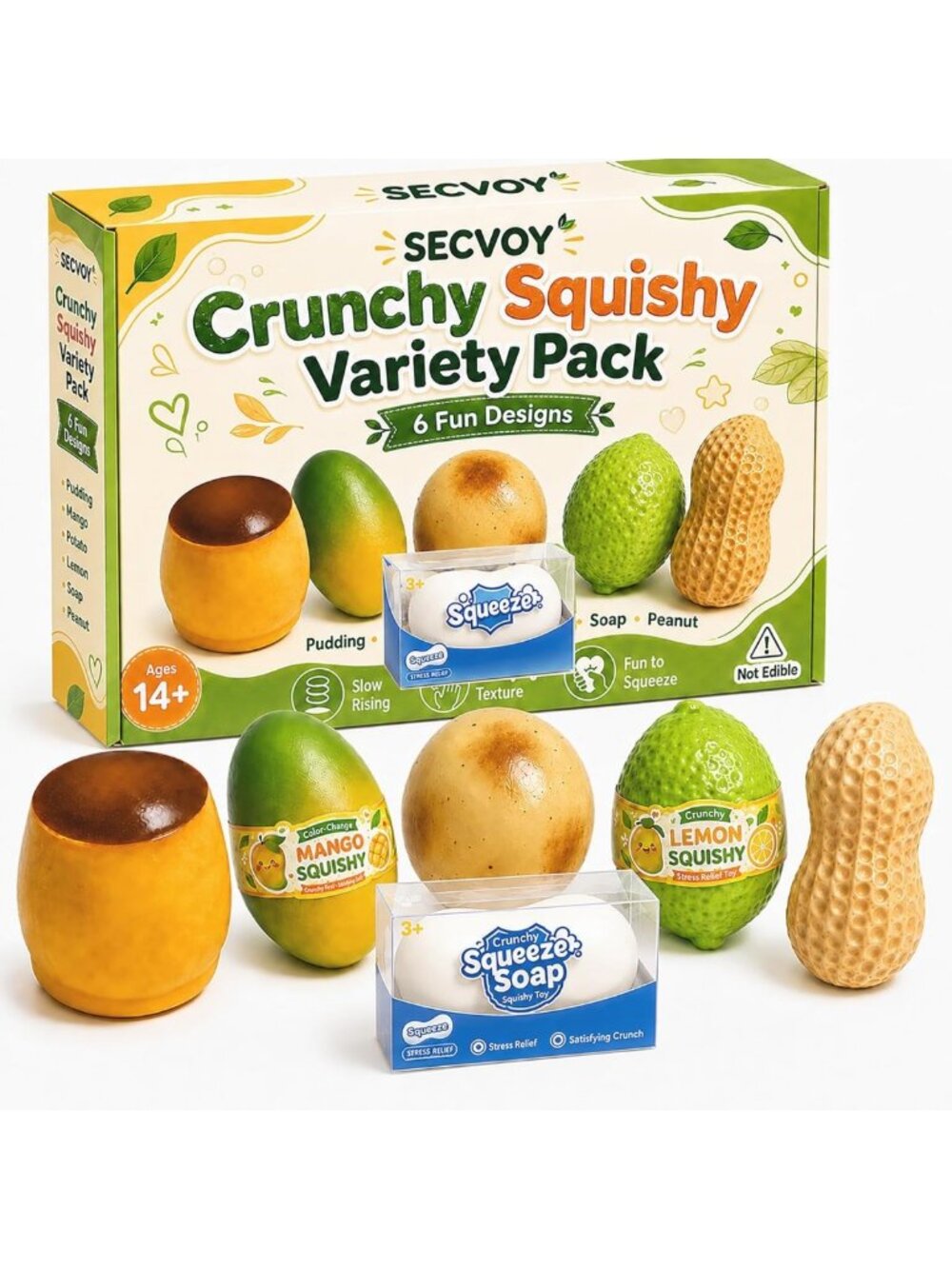 6 Pack Crunchy Squishy Stress Relief Balls, Slow Rising ASMR Squeeze Toys